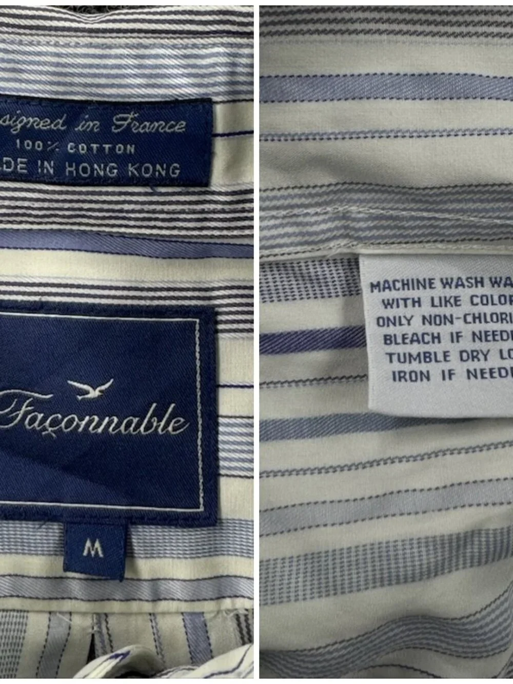 Faconnable Blue White Button-Down Striped Logo Medium Shirt Men Pocket Cotton